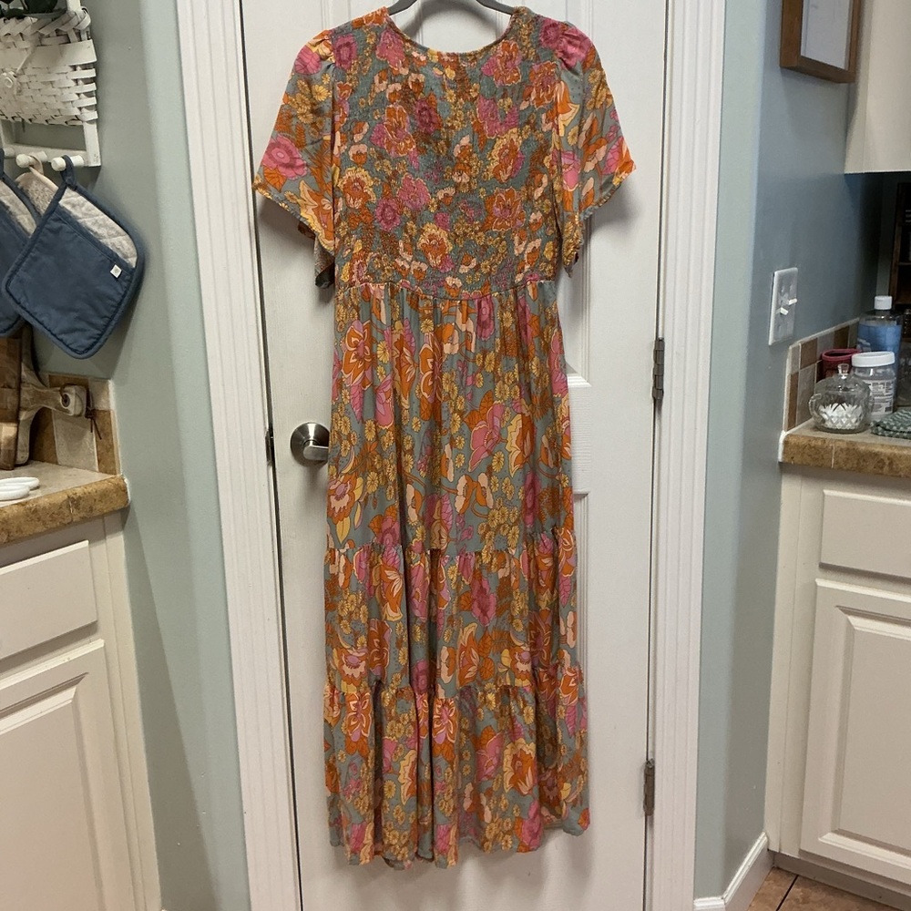 Zesica SZ L 70’s Retro Floral Smocked Bodice Maxi Dress Boho Bohemian Flutter - Picture 3 of 7